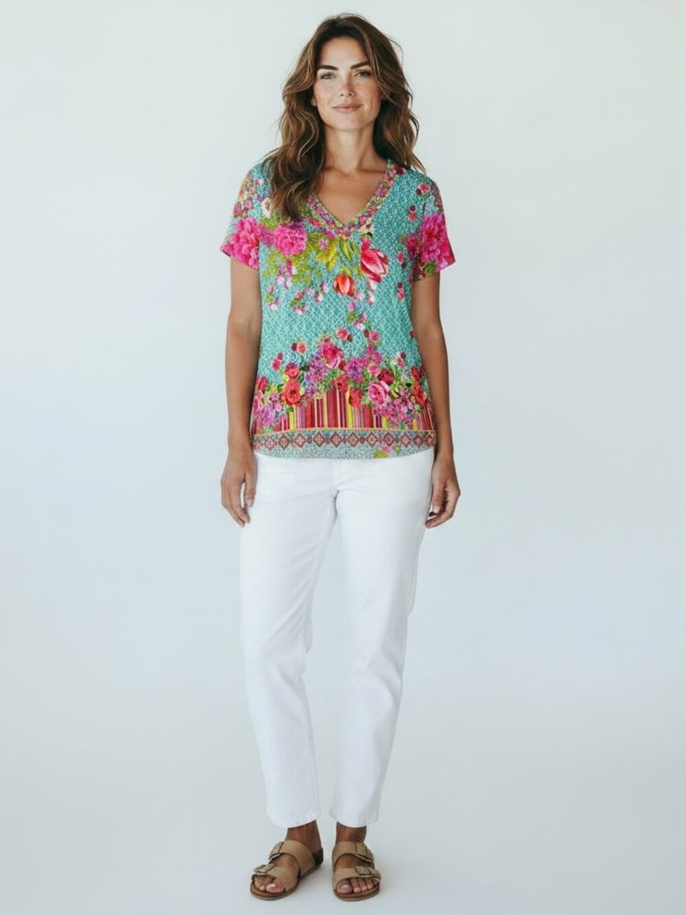 Johnny Was Floral Bamboo V-Neck Bohemian Jersey Top | Women’s Size L - Picture 13 of 13